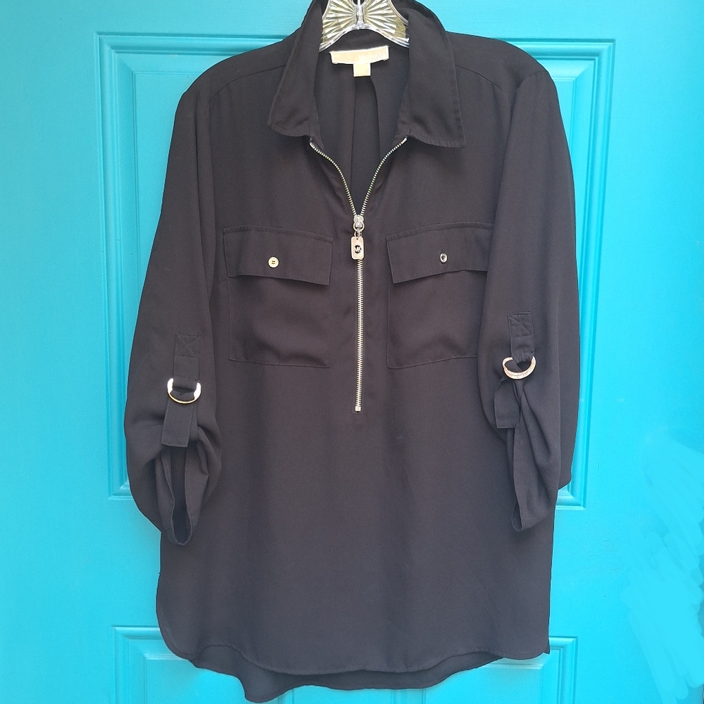 Michael Kors Top Blouse Zipper 3/4 Long Sleeves Collar Pockets Logo Hardware M